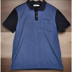 Vintage Calvin Klein CK Polo Shirt Mens Blue Black Short Sleeve Button Y2K Large